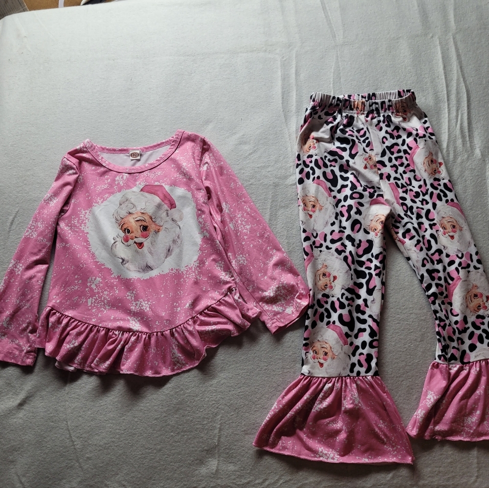 Toddler Girls Party Wear Christmas Santa Pink Top Ruffle Pants 2 pcs Outfit